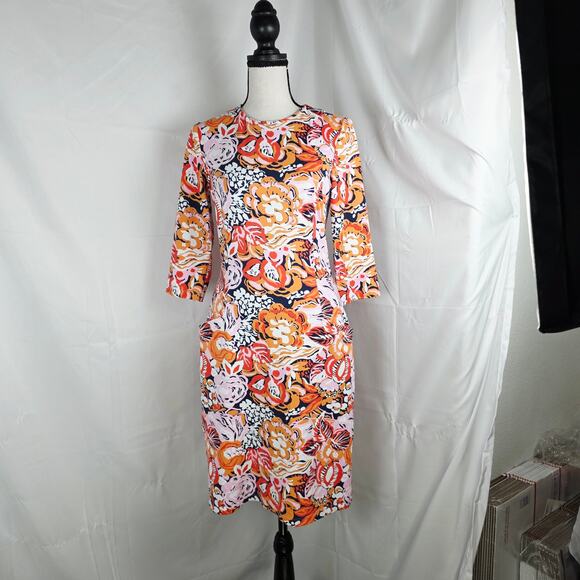 J.McLaughlin Multicolor Floral Shift Dress XS 3/4 Sleeve Stretch Knit w/ Pockets - Picture 2 of 13